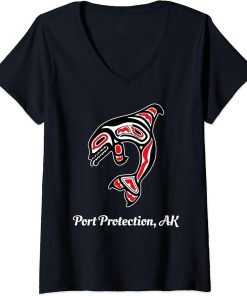 Womens Native American Port Protection AK Red Orca Killer Whale V-Neck T-Shirt