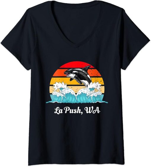 Womens La Push WA Vintage Distressed Orca Killer Whale Art V-Neck T-Shirt