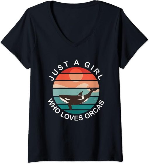 Womens Funny Just A Girl Who Loves Orcas V-Neck T-Shirt