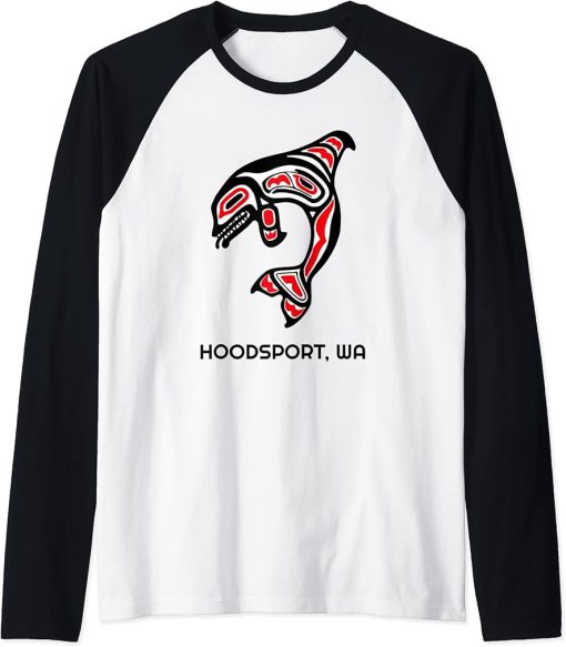 Hoodsport, Washington Native American Orca Killer Whales Raglan Baseball Tee