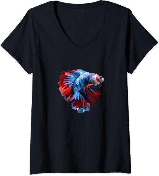 Womens Colorful Geometric Betta Fish, Dad Mom Boy Girl Birth-day V-Neck T-Shirt