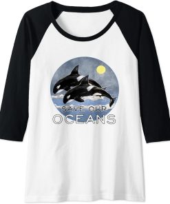 Womens Save Our Oceans Orca Killer Whale Art Retro Style Climate Raglan Baseball Tee