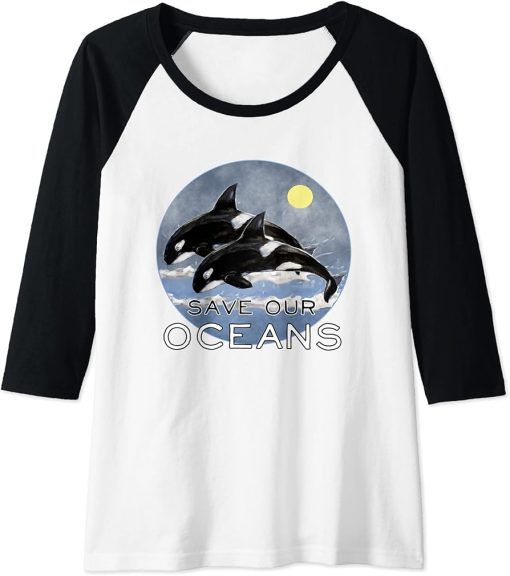 Womens Save Our Oceans Orca Killer Whale Art Retro Style Climate Raglan Baseball Tee